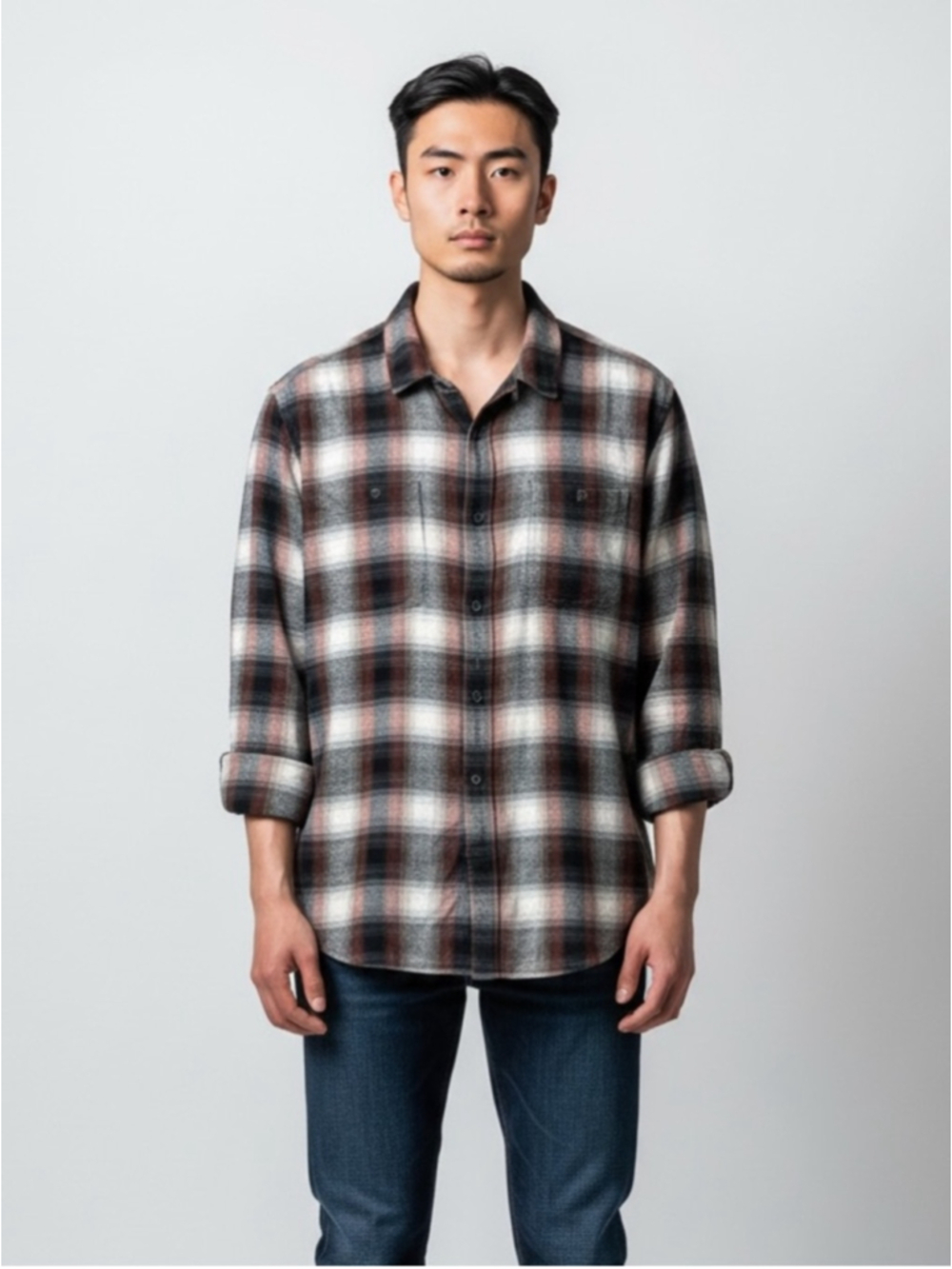 AllSaints Plaid Button-Up Shirt in Black, White & Rust